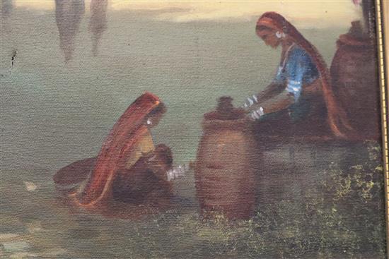 Indian School, oil on canvas, Indian Street scene, indistinctly signed, 66 x 122cm